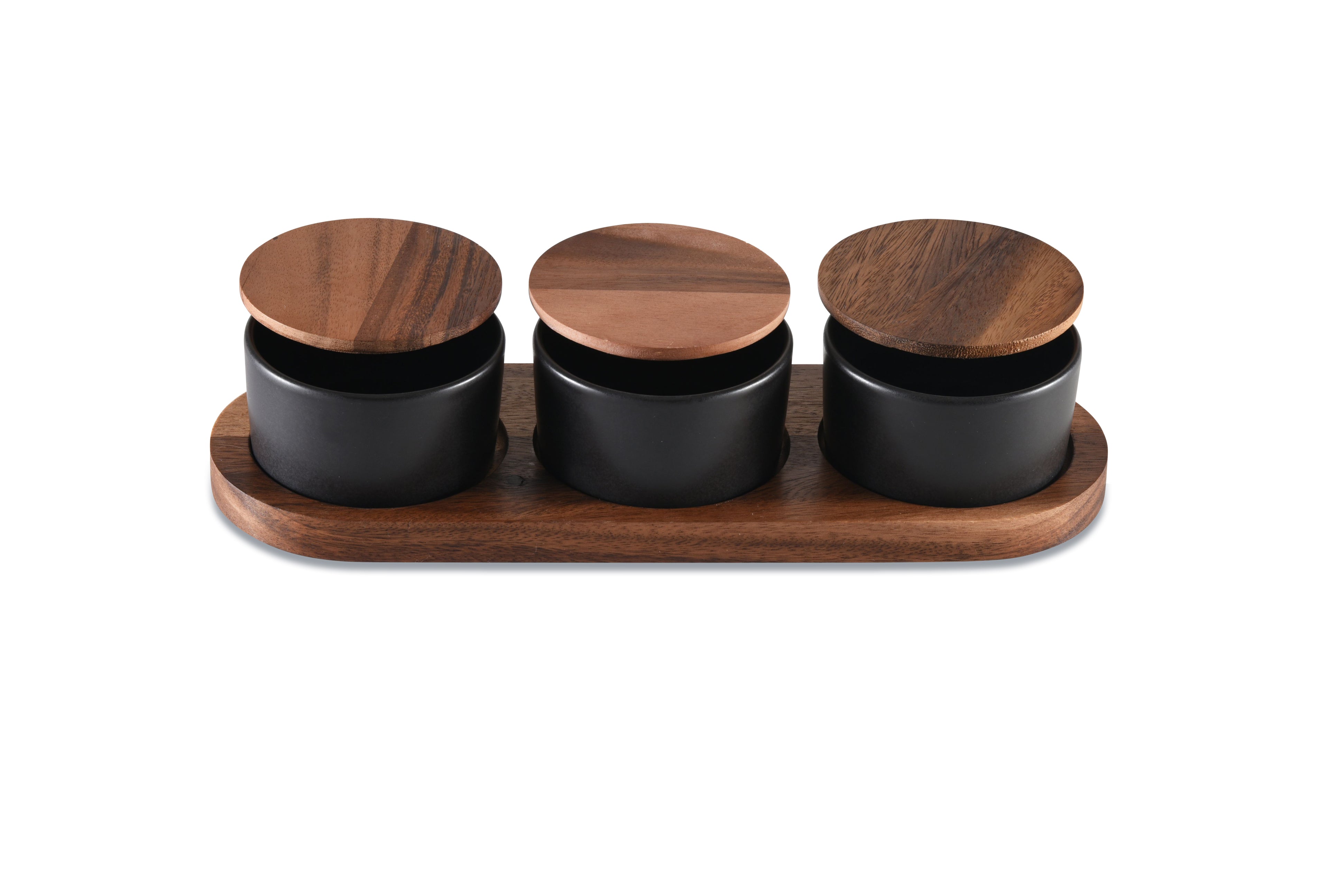 Acacia Wood Black Ceramic Condiment Set