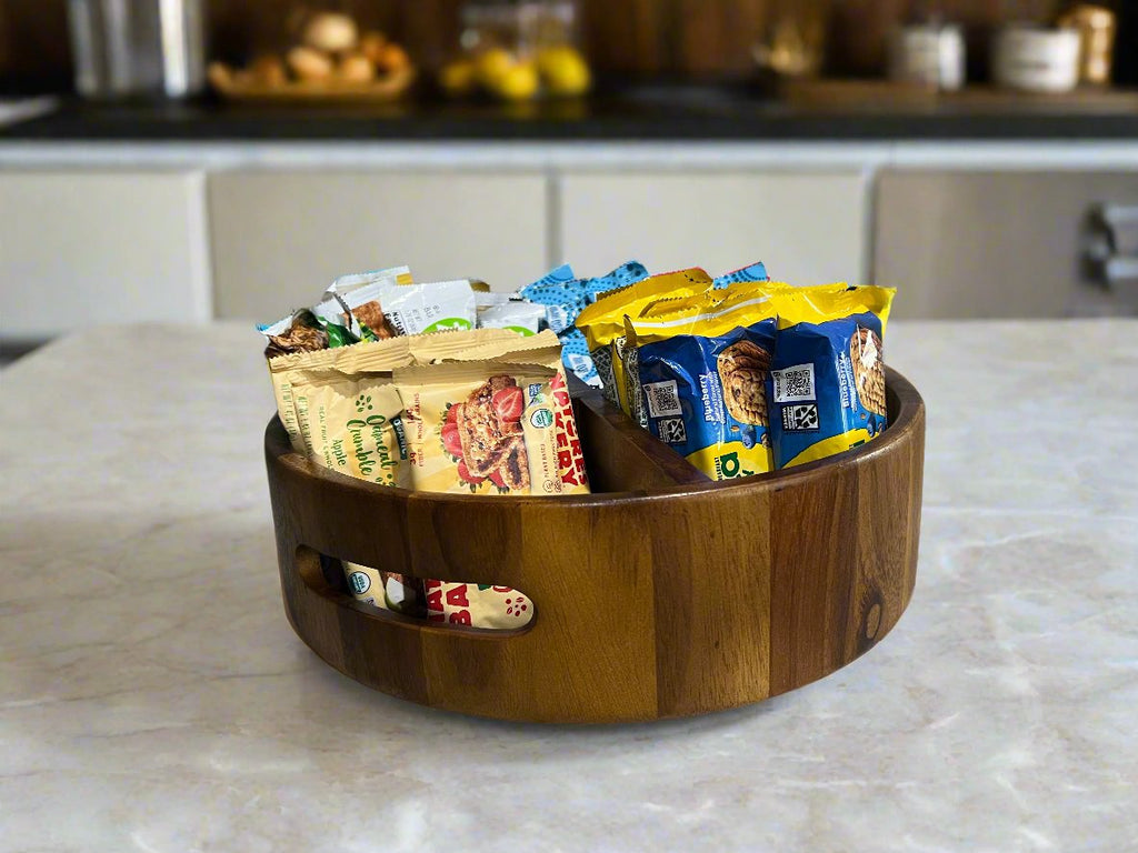 Acacia Wood Rotating Lazy Susan Divided Round Tray
