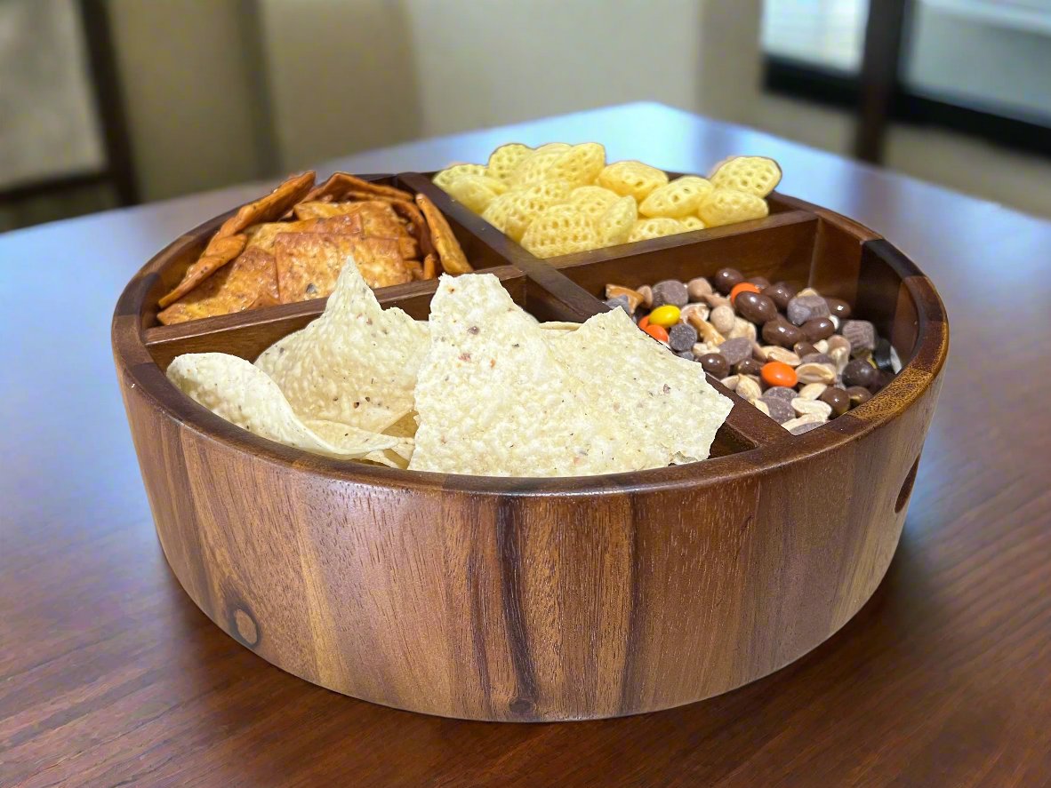 Acacia Wood Rotating Lazy Susan Divided Round Tray