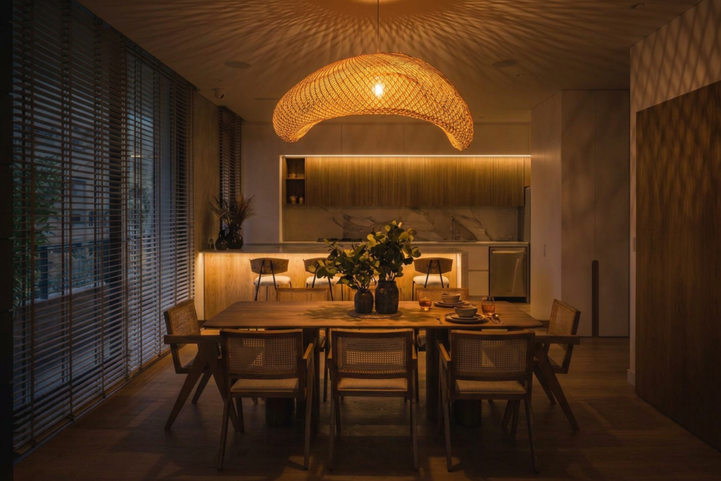 Arch wavy rattan large pendant hanging over dining table