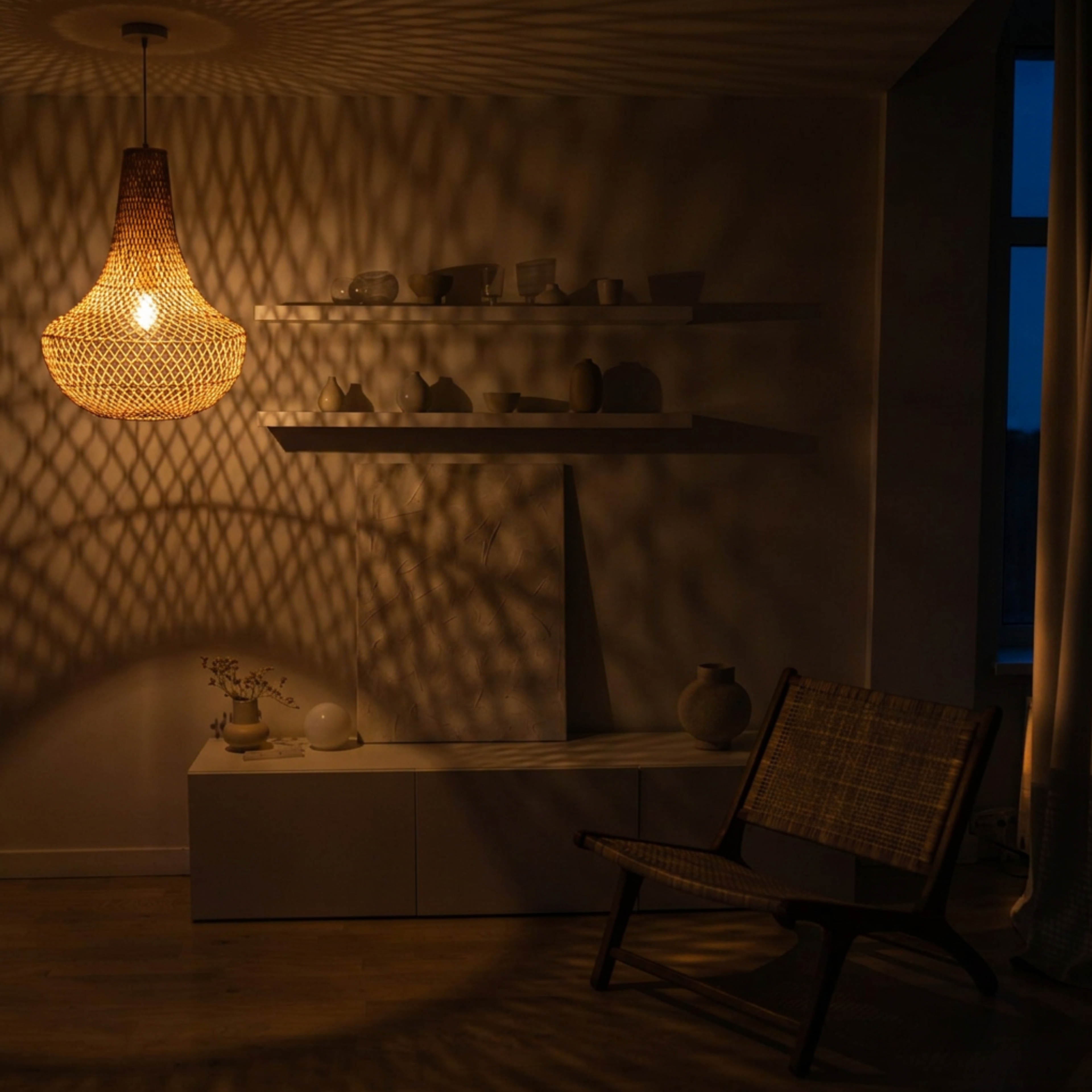 Aura rattan pendant light hanging in a living room
