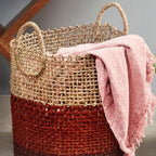 Babui woven basket with blankets inside, home storage styling — Calmly Elevated