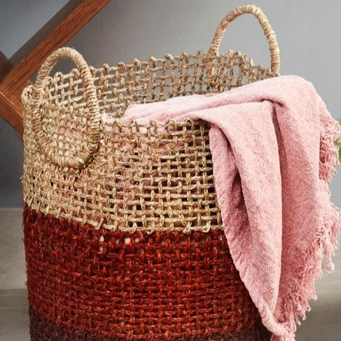 Babui woven basket with blankets inside, home storage styling — Calmly Elevated