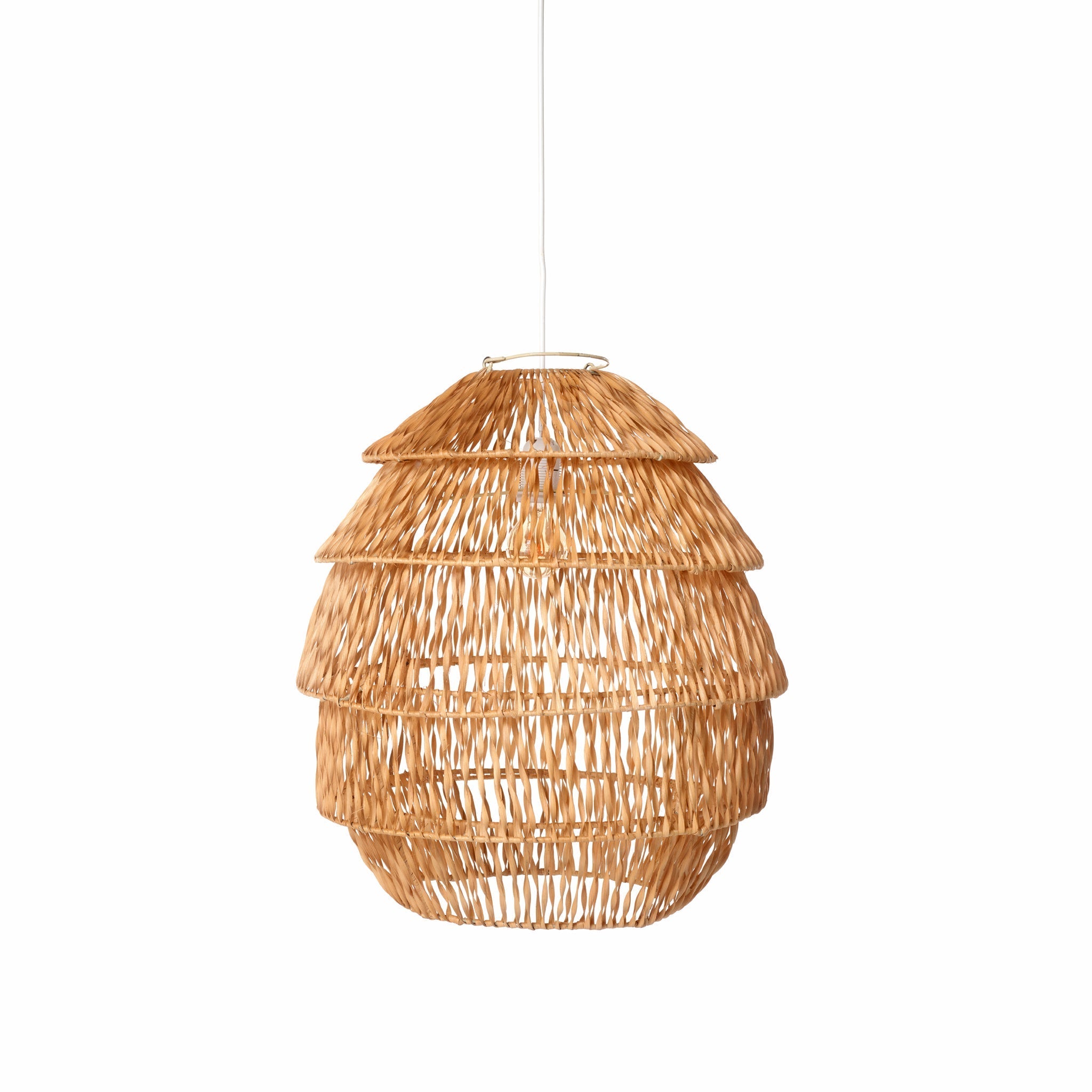 Barrel shaped rattan pendant with open weave shown from a slightly different angle on white