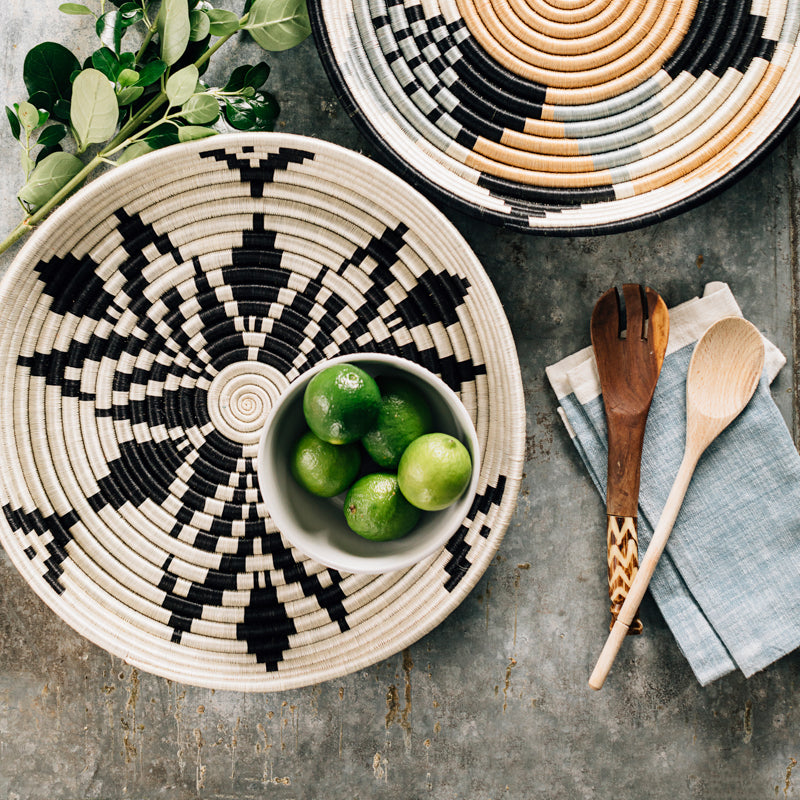 Cactus Blossom and Diversiform woven bowls flat lay styled together — Calmly Elevated
