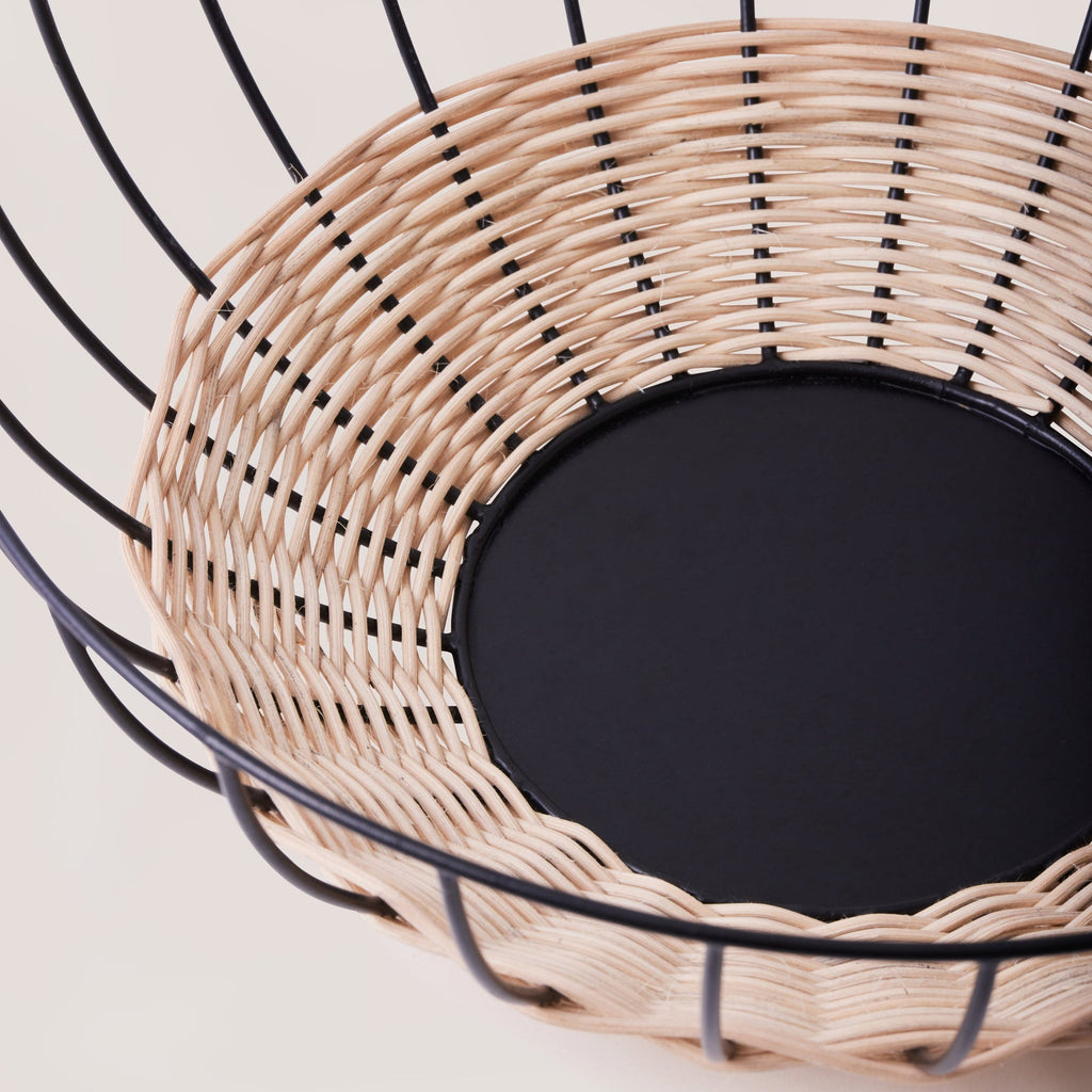 Cabo rattan basket handwoven natural rattan on iron frame, top view — Calmly Elevated