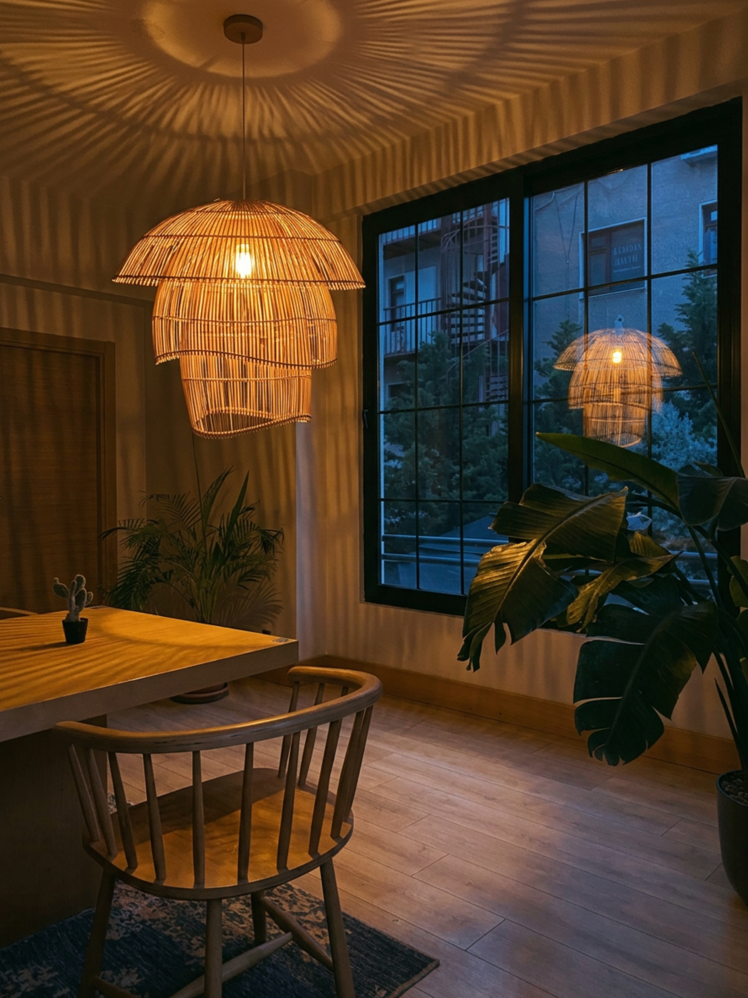 Cascade handwoven rattan pendant hanging in the entrance 