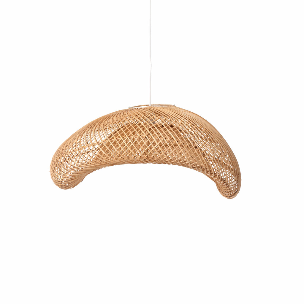 Curved rattan pendant in large size with open weave shown from the side on a white background