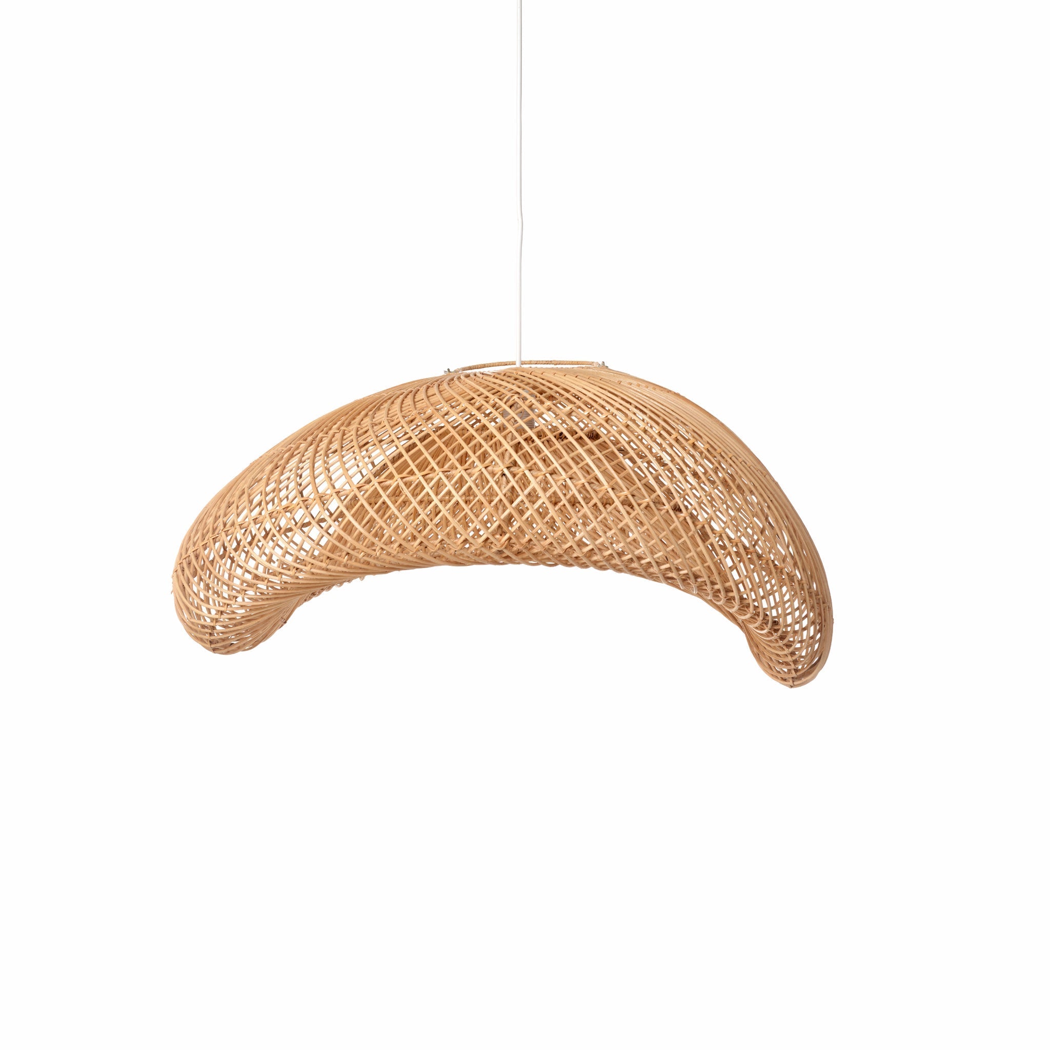 Curved rattan pendant in large size with open weave shown from the side on a white background