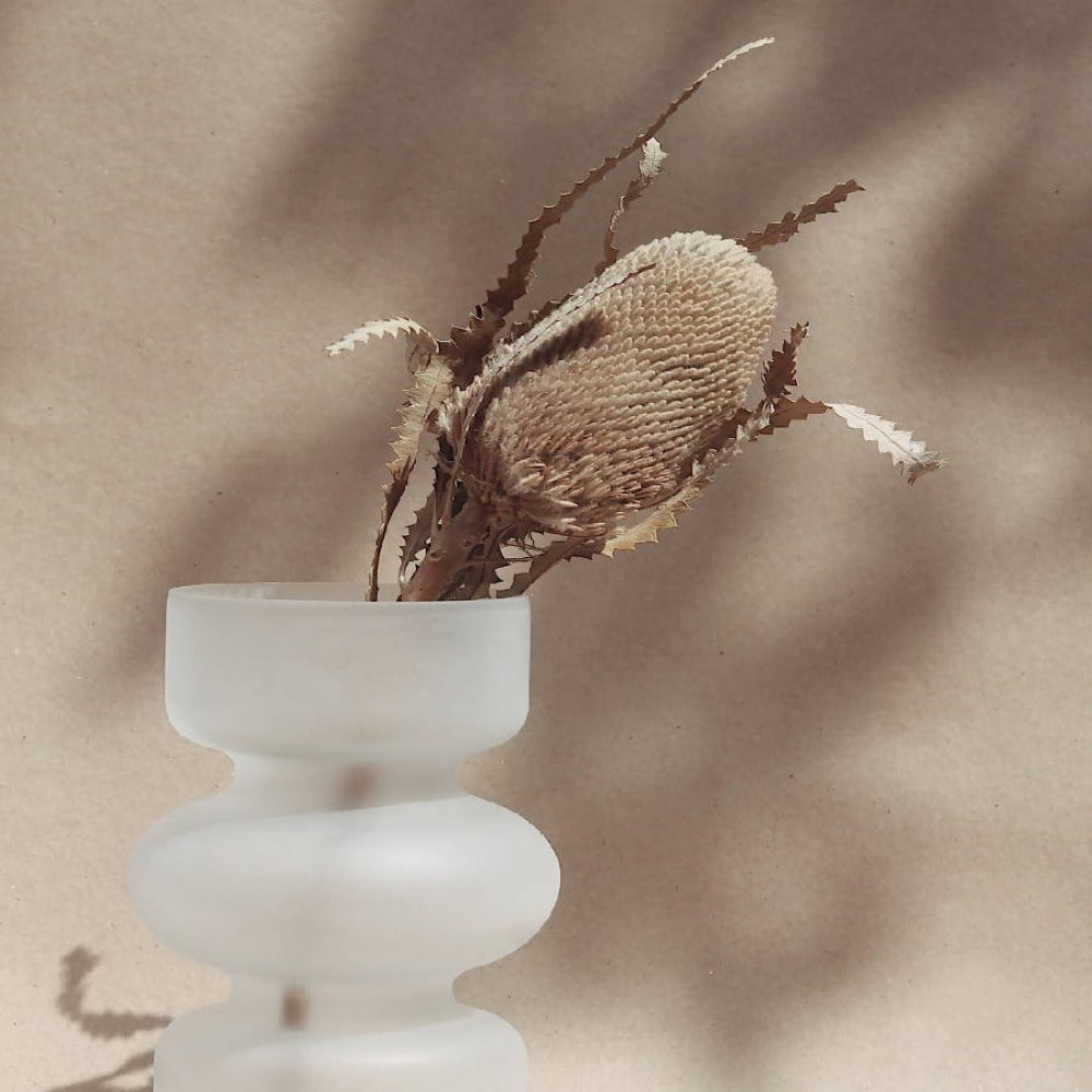 Frosted glass sculptural vase styled with dried grasses and warm shadow play