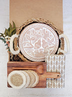 Bread warmer gift box open showing terracotta stone, acacia board and wooden spoon — Calmly Elevated