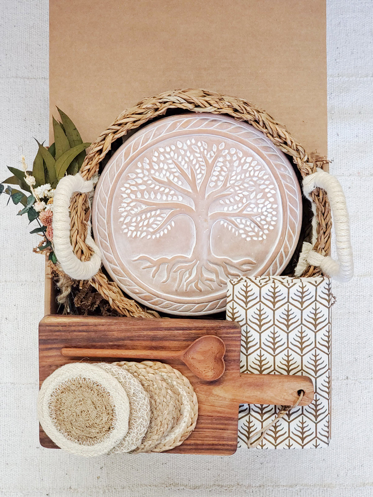 Bread warmer gift box with terracotta stone acacia board and spoon, dark brown tea towel — Calmly Elevated