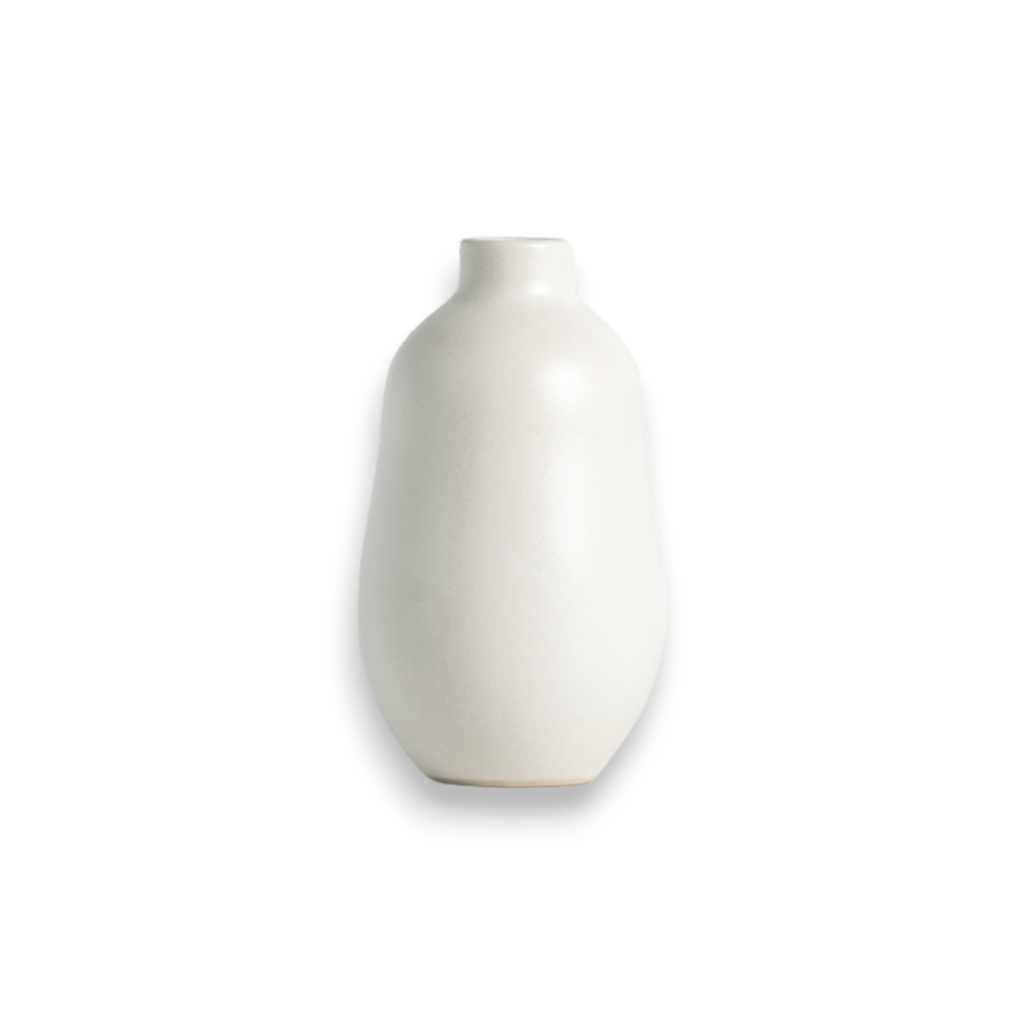 Handmade matte white stoneware bud vase with a rounded tapered form