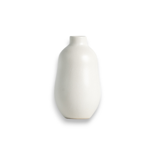 Handmade matte white stoneware bud vase with a rounded tapered form