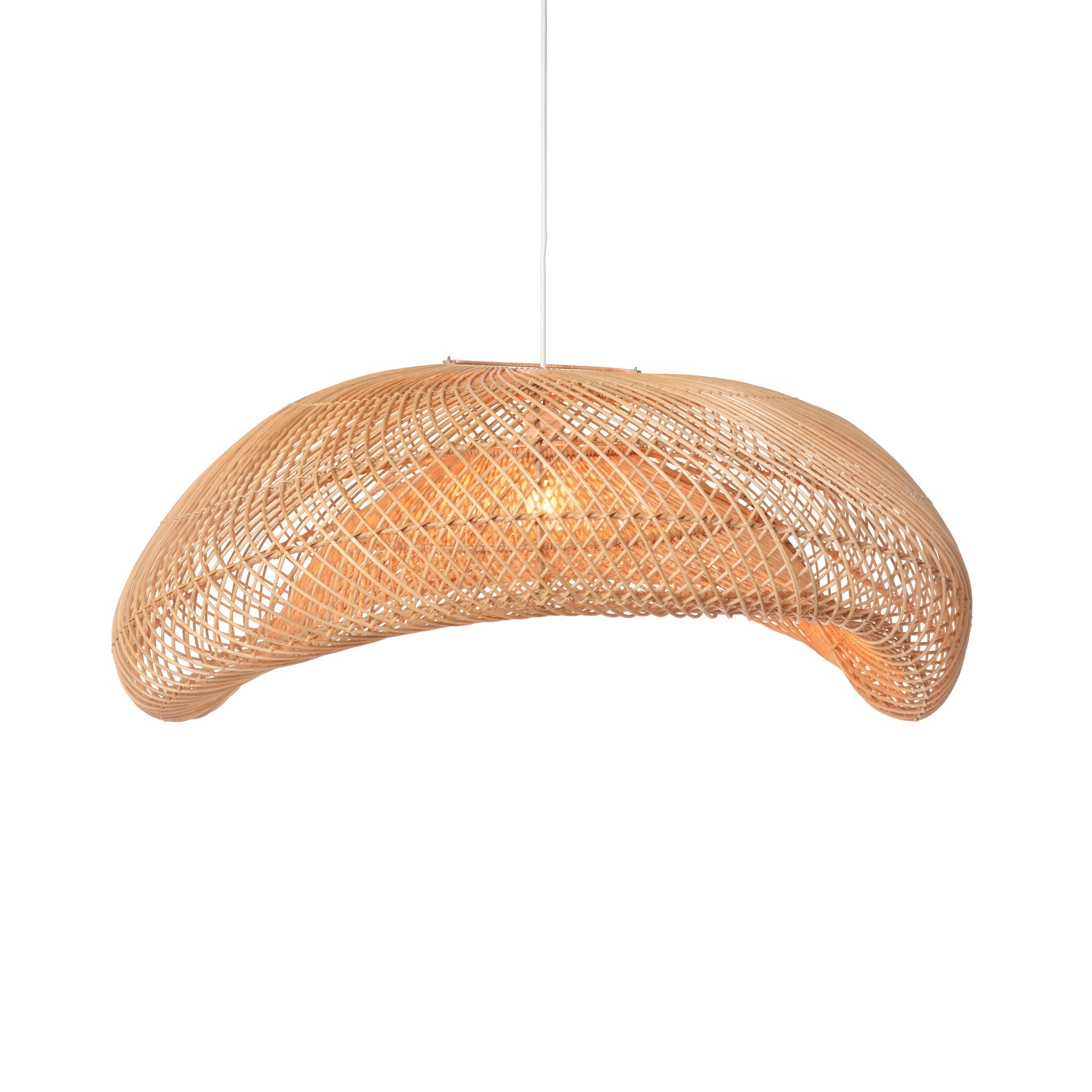  Handwoven Arch Wavy rattan pendant light with a long curved silhouette glowing against a white background