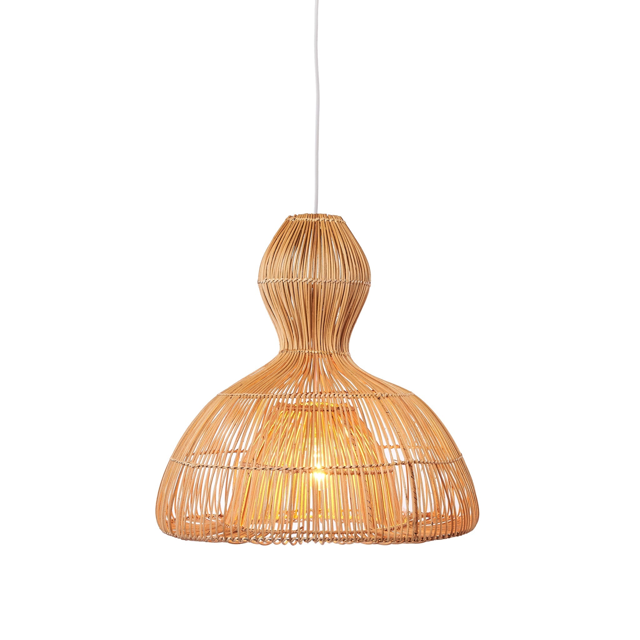 Handwoven Aura rattan pendant light with a mushroom bell shade glowing softly against a white background