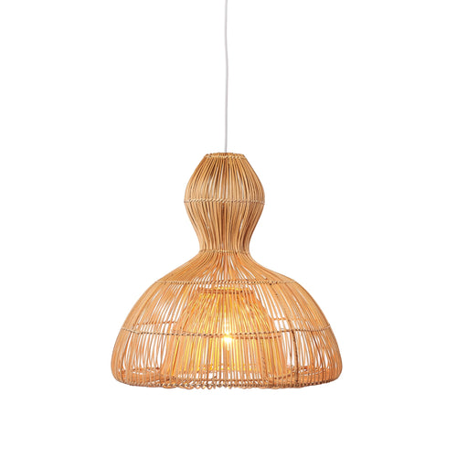 Handwoven Aura rattan pendant light with a mushroom bell shade glowing softly against a white background