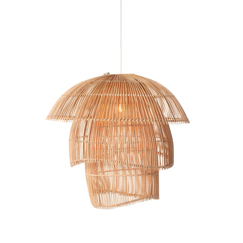  Handwoven Cascade rattan pendant light with three layered tiers hanging against a white background