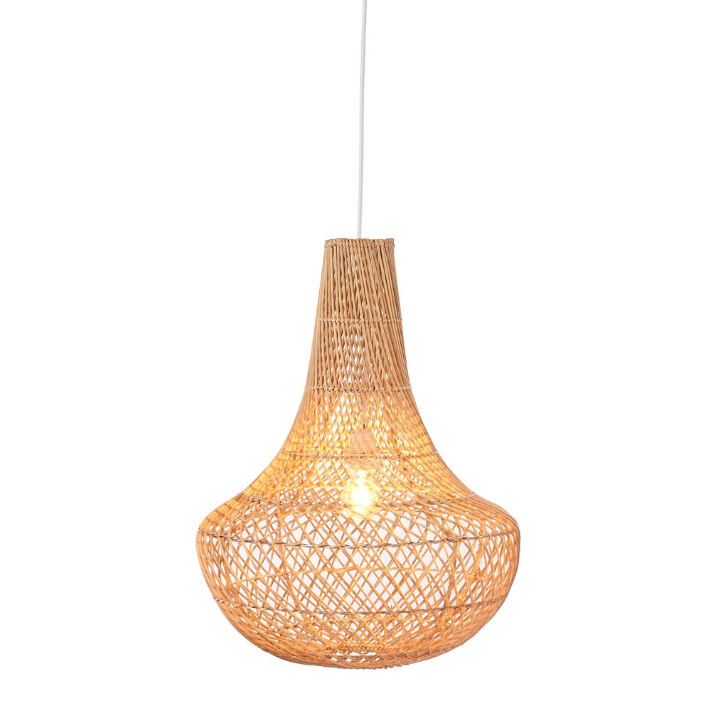 Handwoven Ibiza rattan pendant light with a tall tapered shade glowing softly against a white background