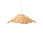 Handwoven Lotus Leaf rattan pendant light with a wide, low sloped shade against a white background