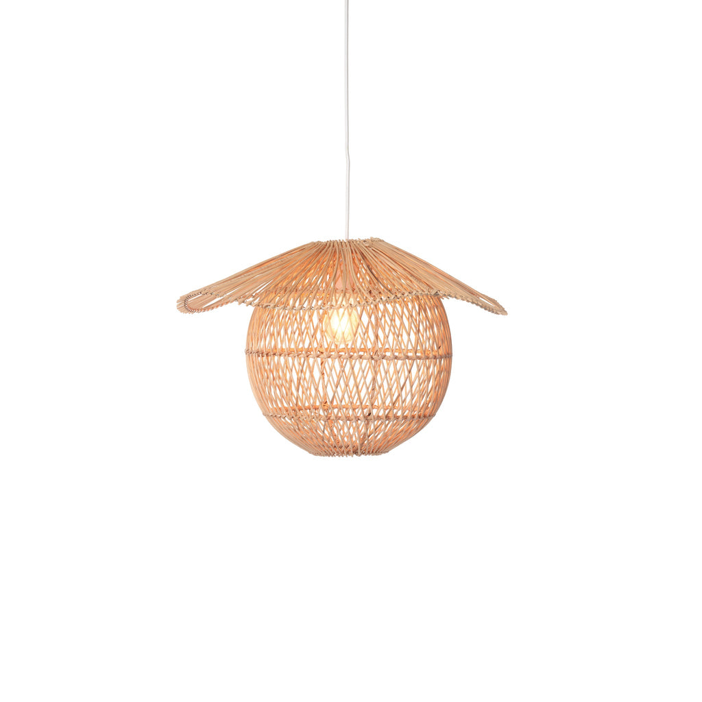  Handwoven Lotus Orb rattan pendant light with a rounded shade glowing softly against a white background