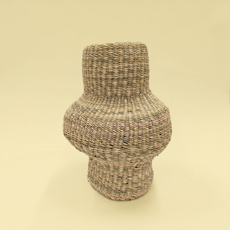 Hand woven Oka bolga pendant shade in natural elephant grass with a curved gourd-like form