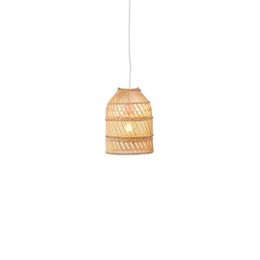 Handwoven Small Bell rattan pendant light with a compact bell shade glowing softly against a white background