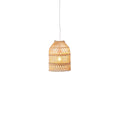 Handwoven Small Bell rattan pendant light with a compact bell shade glowing softly against a white background