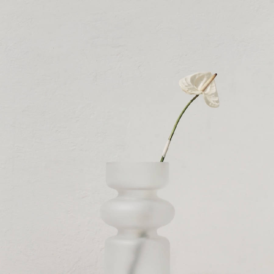 Iris bud vase with a slender dried stem against a soft neutral wall
