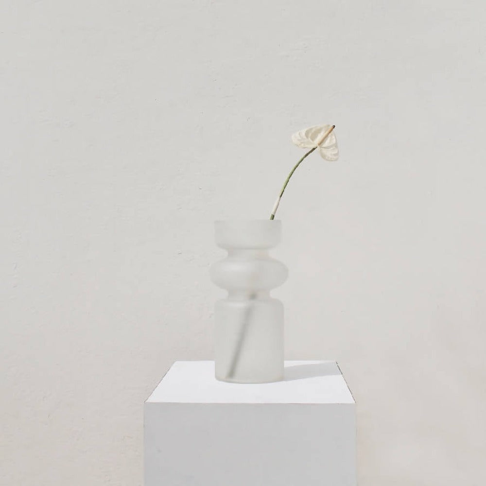 Iris frosted vase holding a single dried bloom on a white plinth