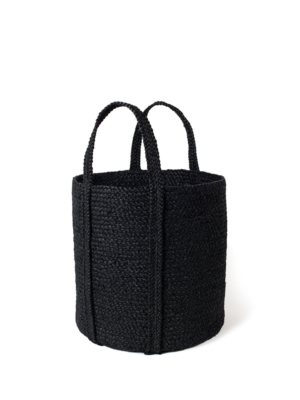 Kata Basket with Handle Black small size handwoven braided jute product view, Calmly Elevated