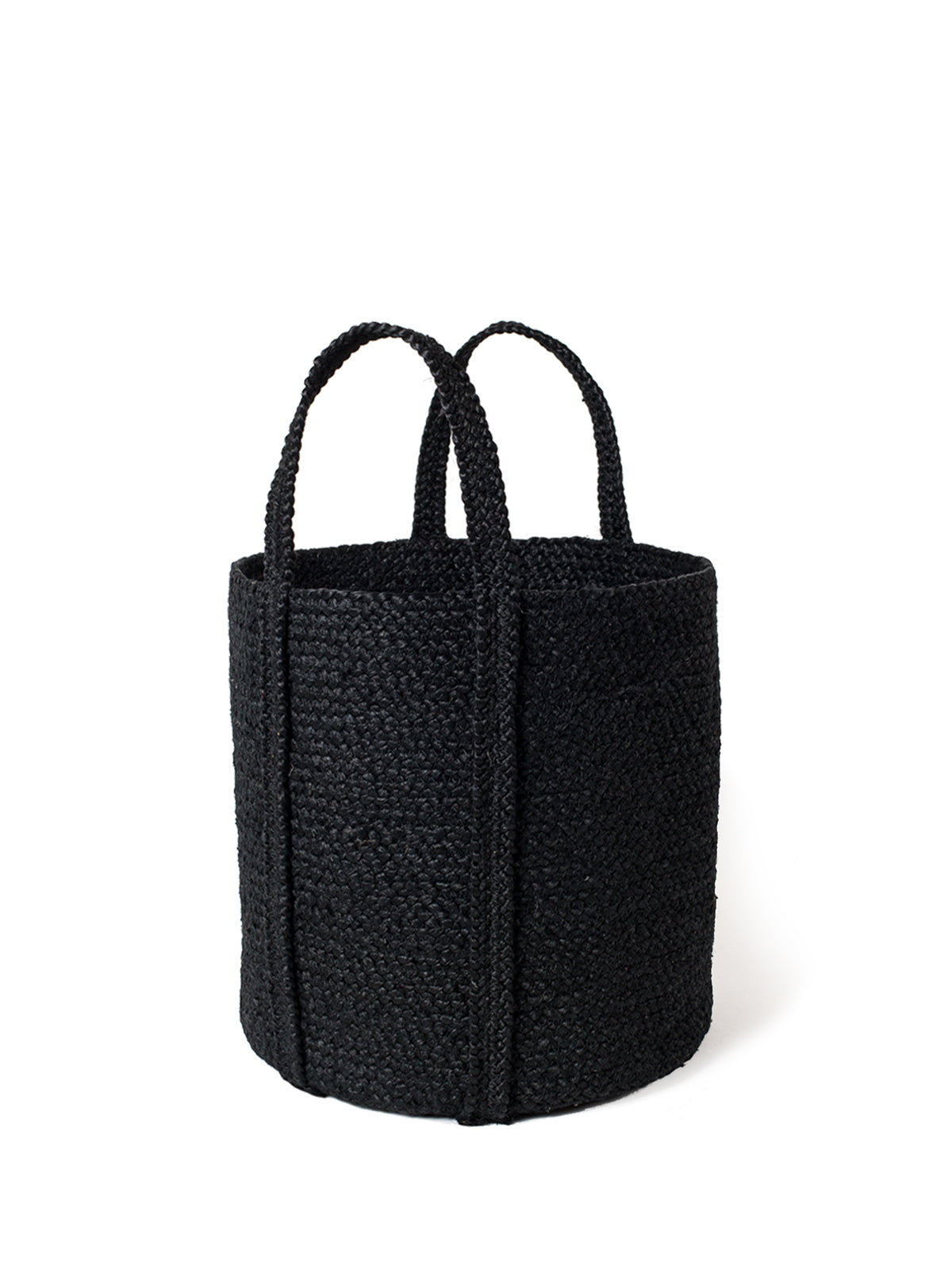 Kata Basket with Handle Black small size handwoven braided jute product view, Calmly Elevated