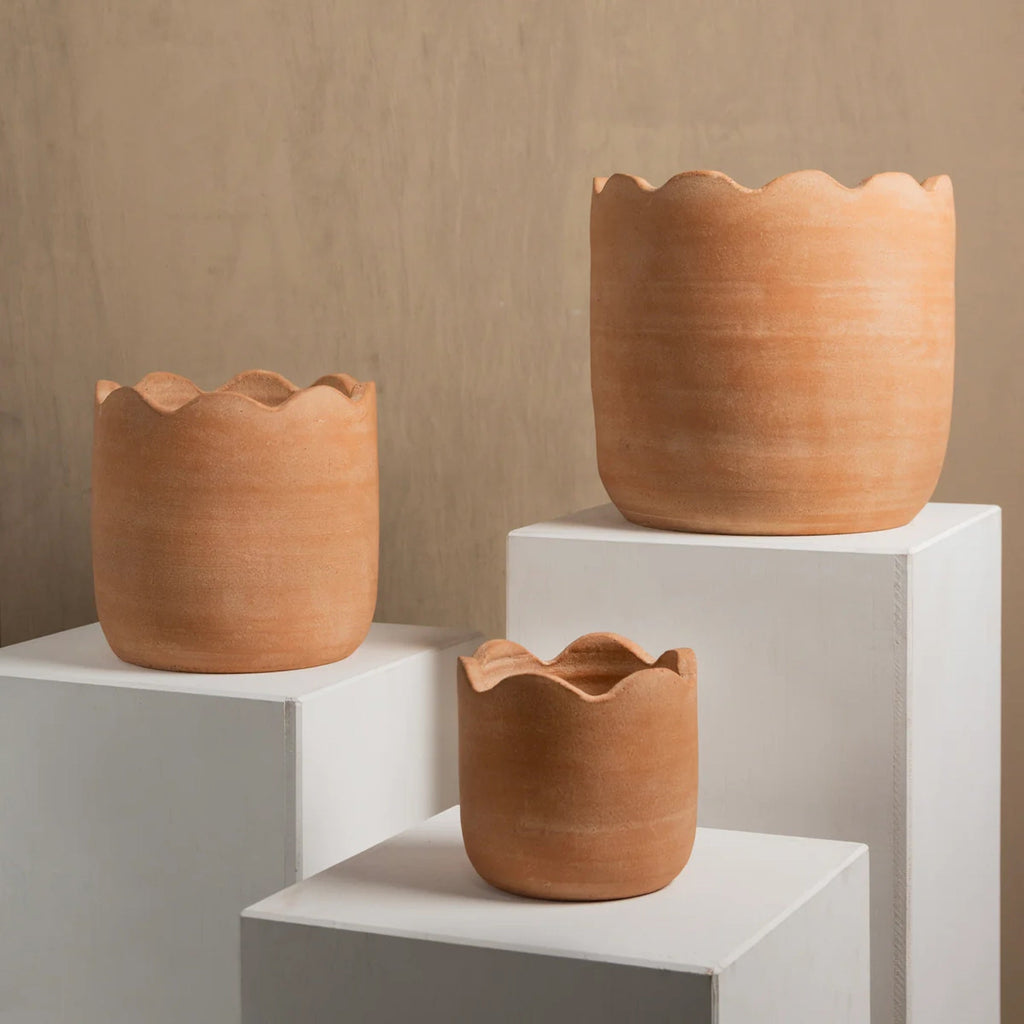 Meso Goods large wavy terracotta planter styled as sculptural home décor — Calmly Elevated