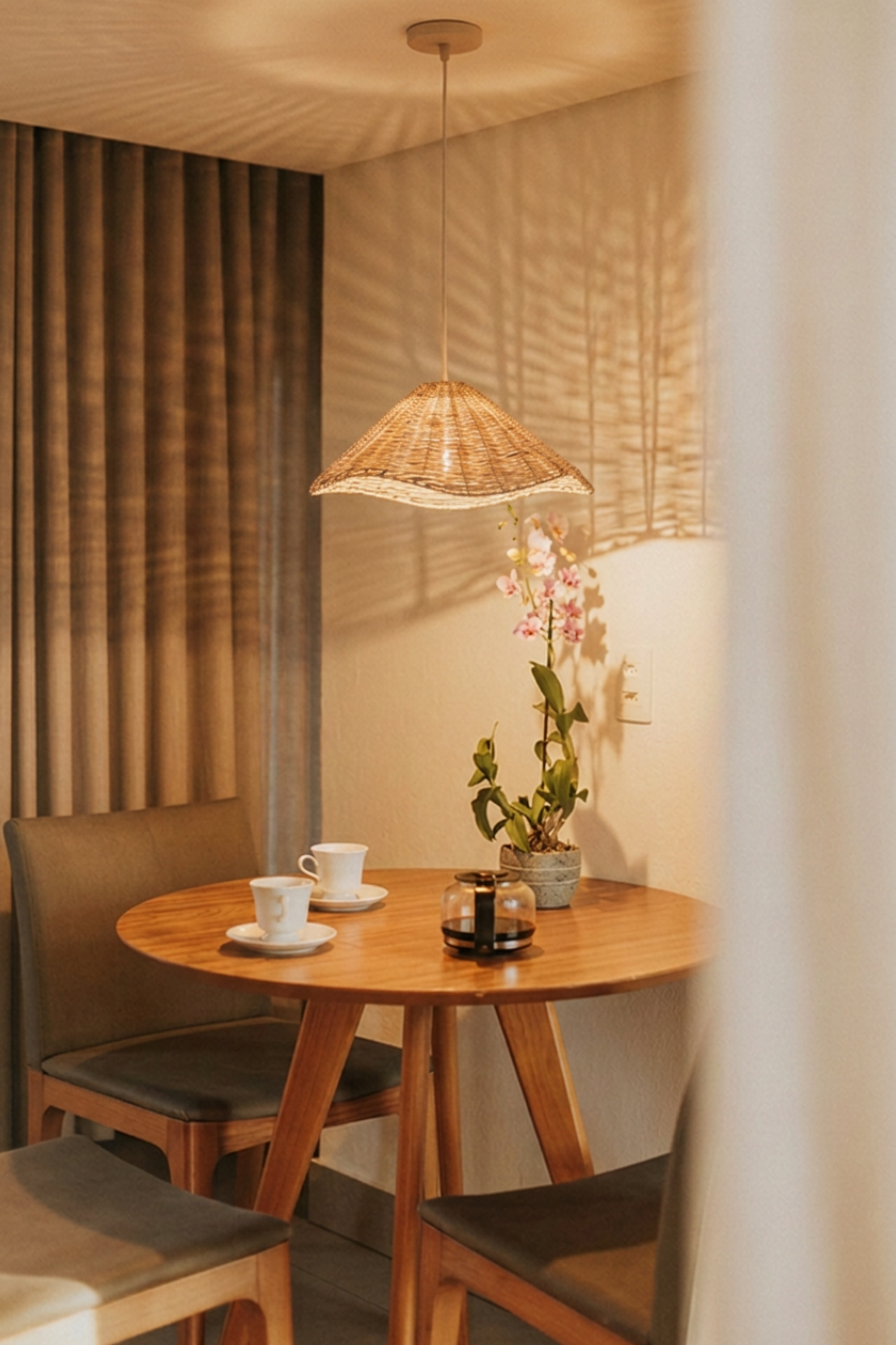 Lotus Rattan Pendant Light hanging above coffee table