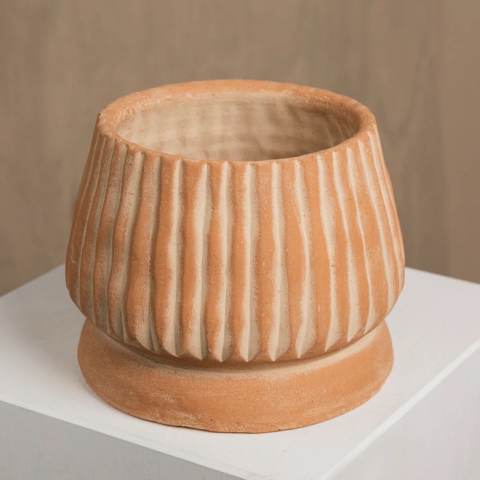 Mateo terracotta planter side view showing wide low form — Calmly Elevated