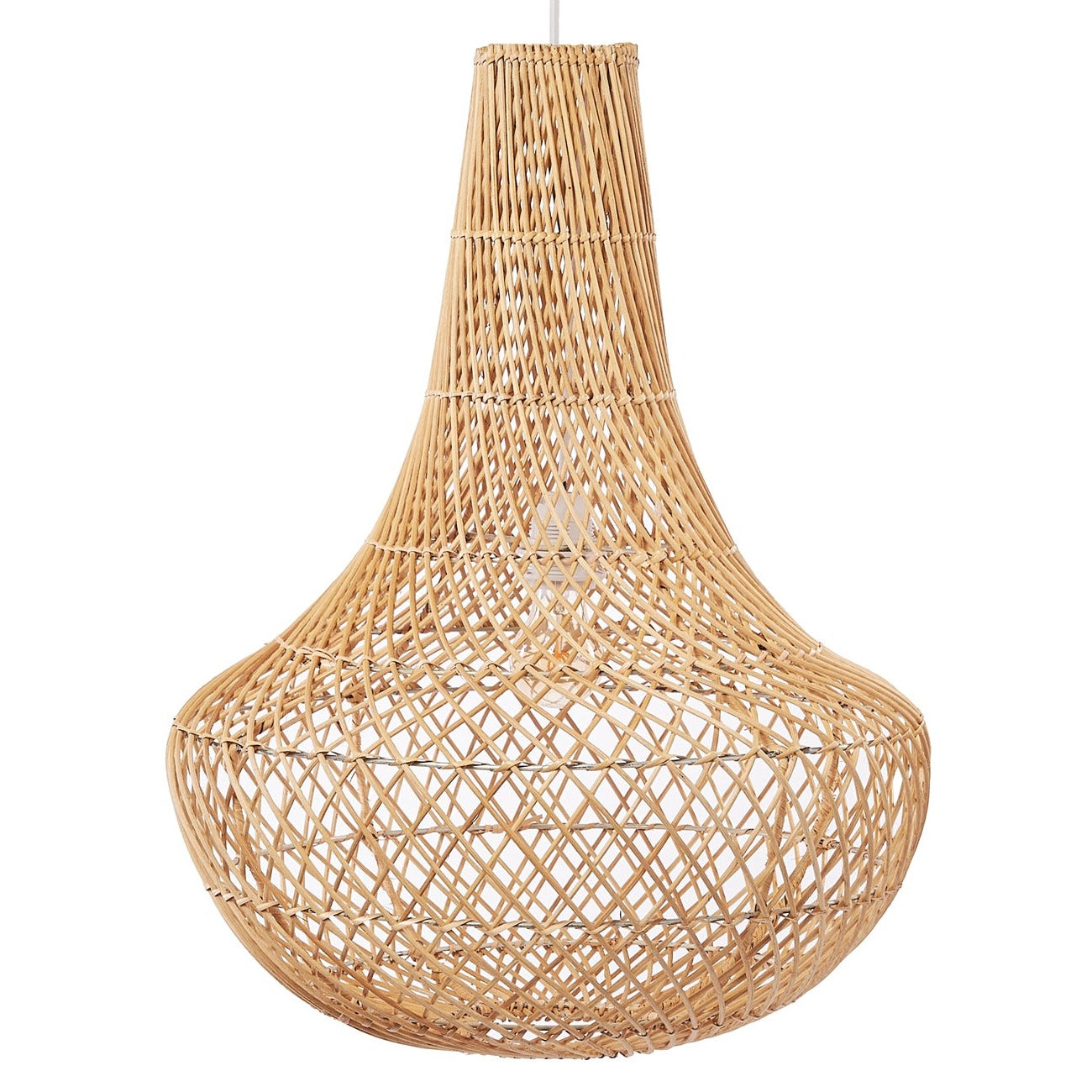 Natural rattan pendant with a rounded base and open weave shown unlit