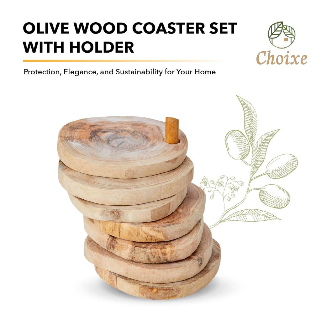 Olive Wood Coaster Set with Holder 7Pcs