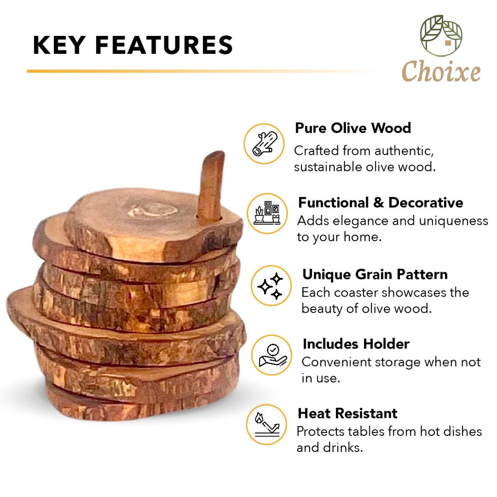 Olive Wood Coaster Set with Holder 7Pcs