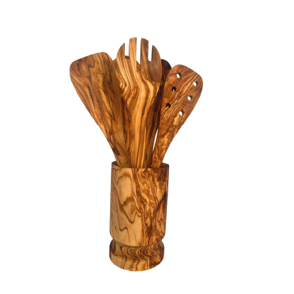 Set of wooden kitchen utensils in a holder on a white background, the rituals collection by calmly elevated