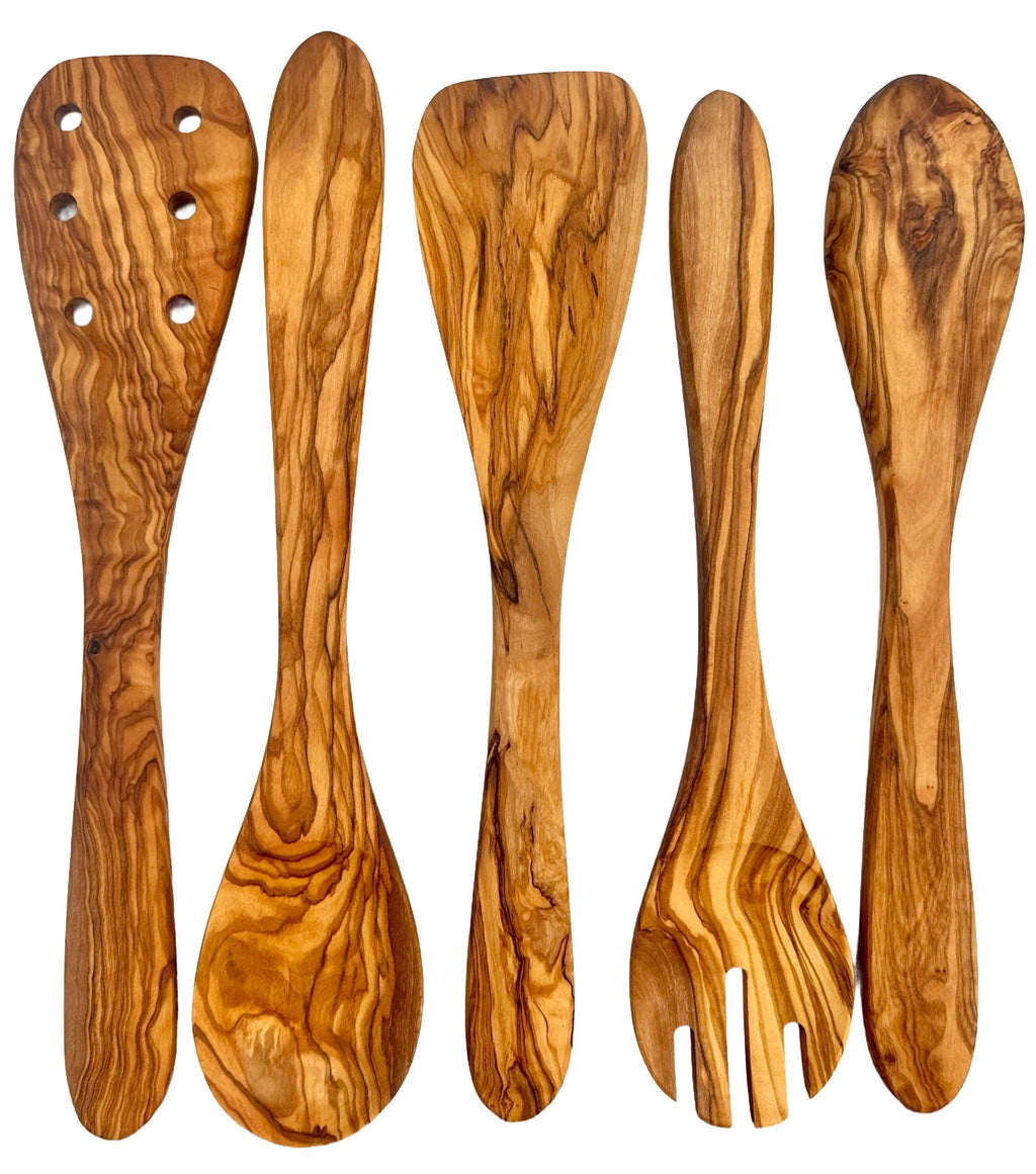Olive wood 5-piece server set with holder, handcrafted serving utensils — Calmly Elevated