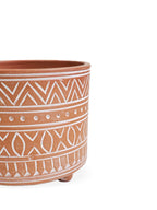 Hand etched terracotta planter small, close-up of geometric pattern — Calmly Elevated