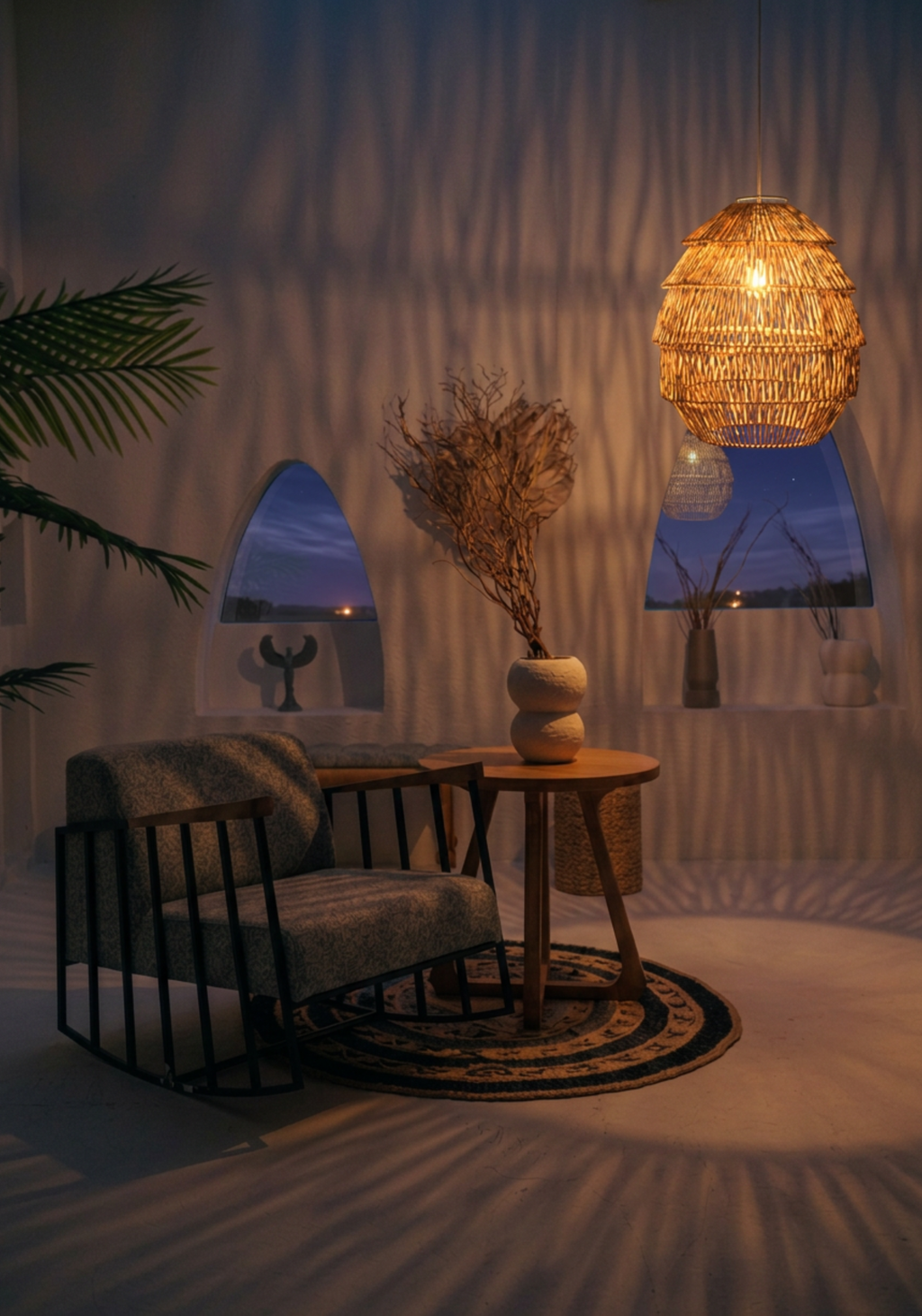 Handwoven rattan pendant light casting warm ambient light and soft woven shadows in a modern living room with natural wood furniture.