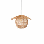 Round natural rattan orb pendant with open weave and a small woven crown top