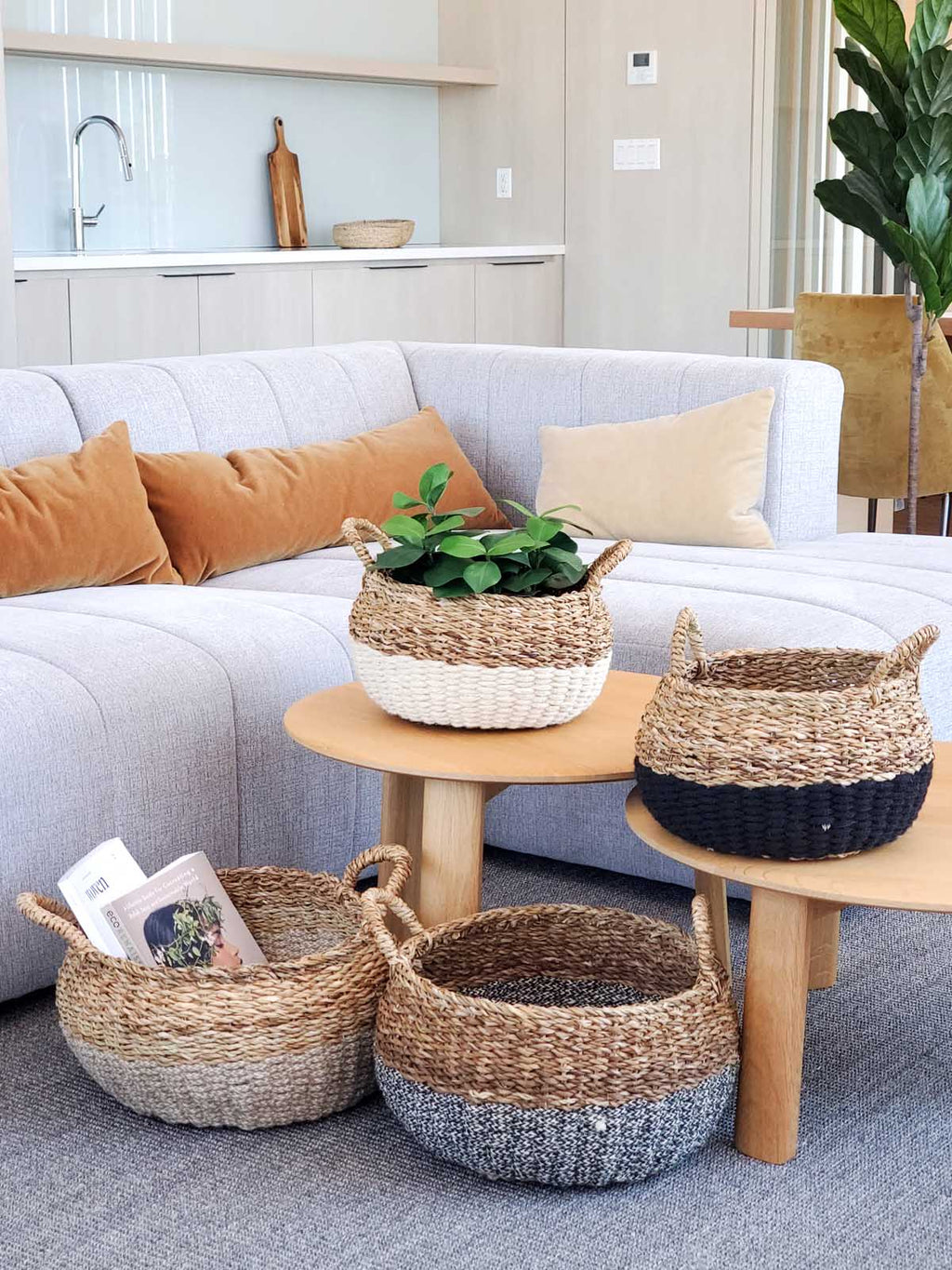 Ula Floor Basket Natural & Black Jute