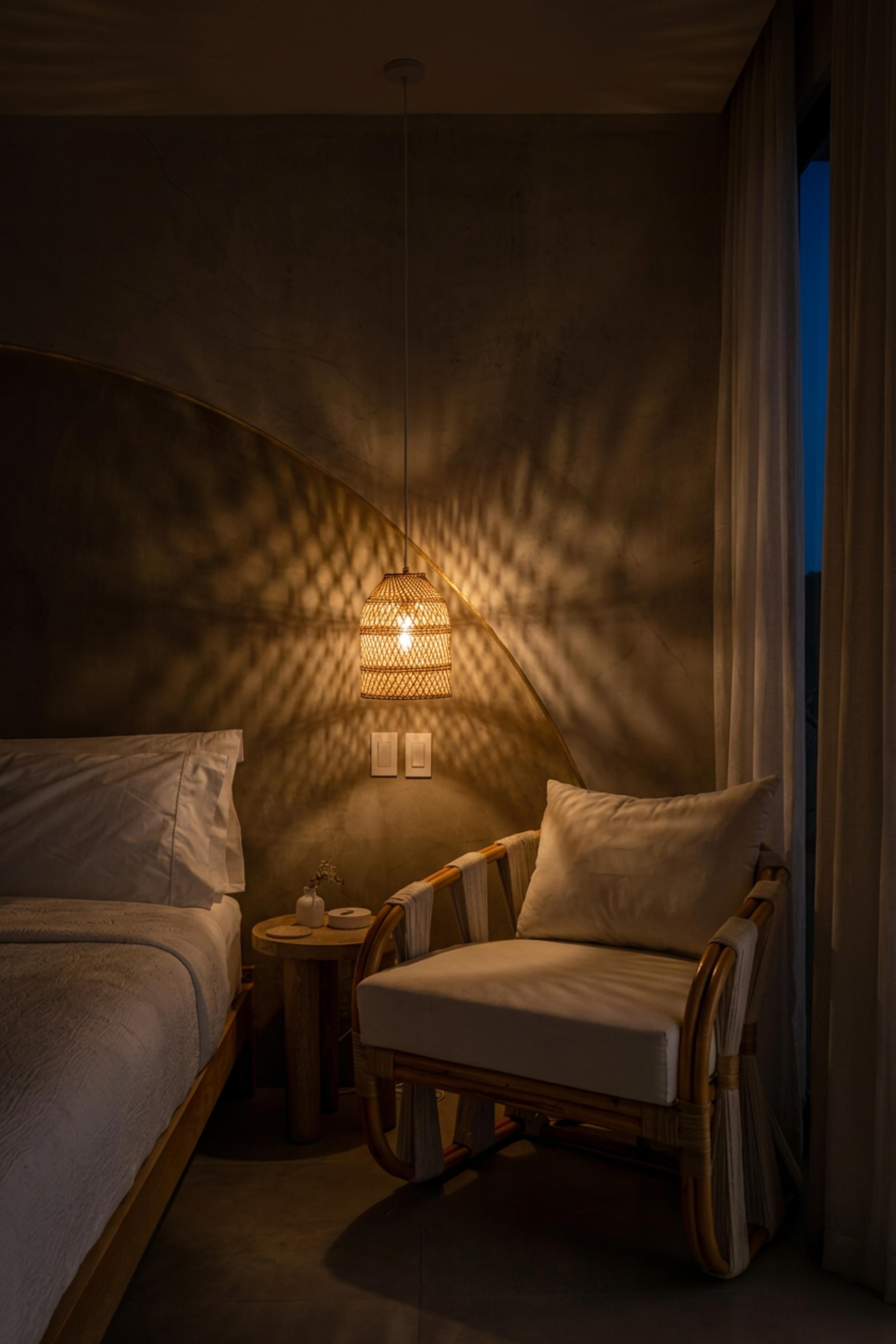 Handwoven rattan pendant light casting warm patterned shadows in a cozy bedroom, featuring natural artisan craftsmanship and boho-inspired design.
