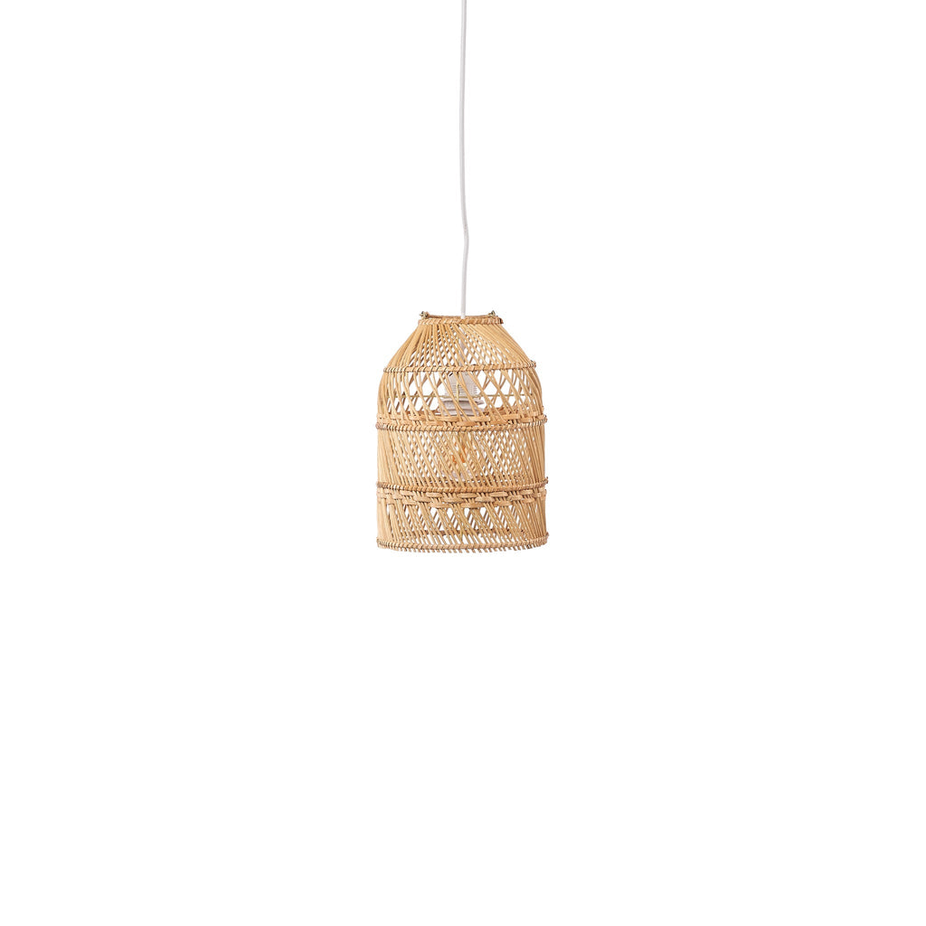 Small bell-shaped rattan pendant with banded open weave shown unlit on a white background