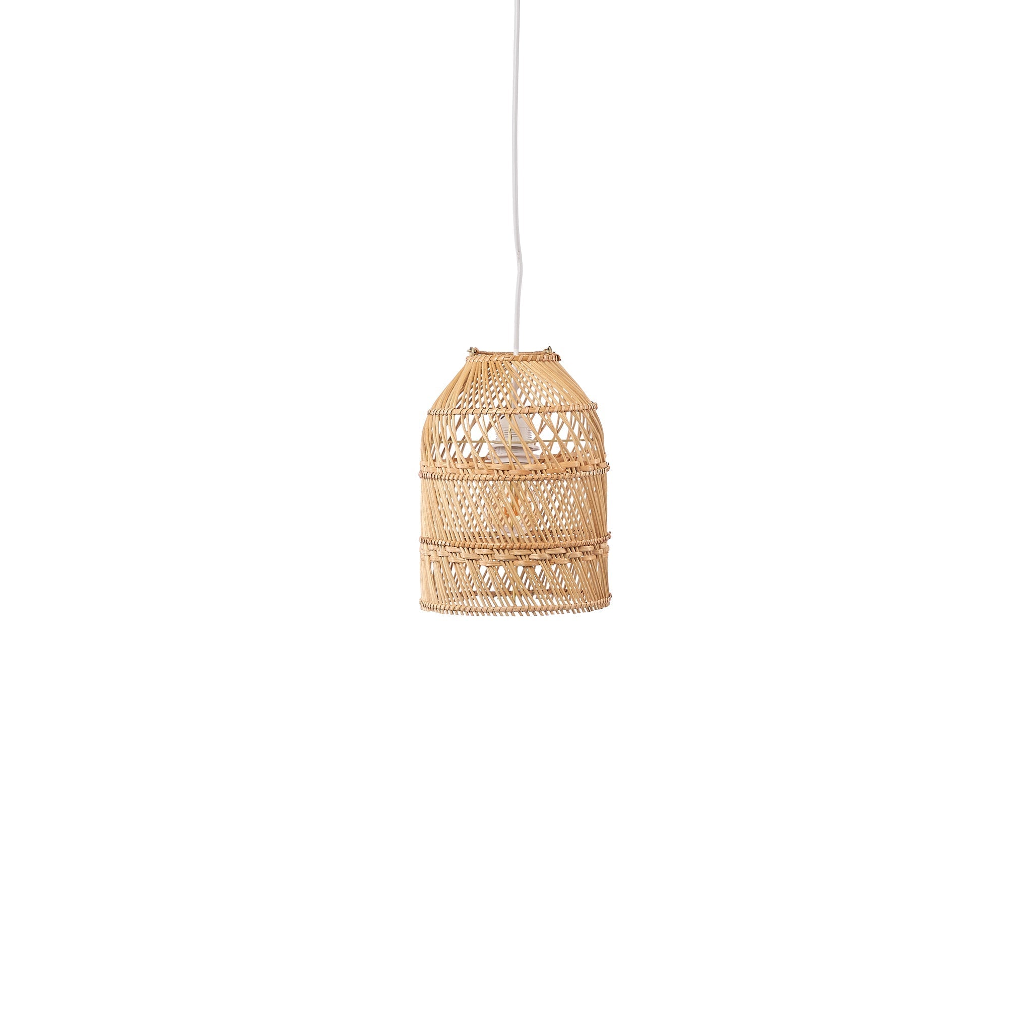 Small bell-shaped rattan pendant with banded open weave shown unlit on a white background