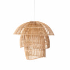 Three tier natural rattan pendant with overlapping woven layers and a neutral tone