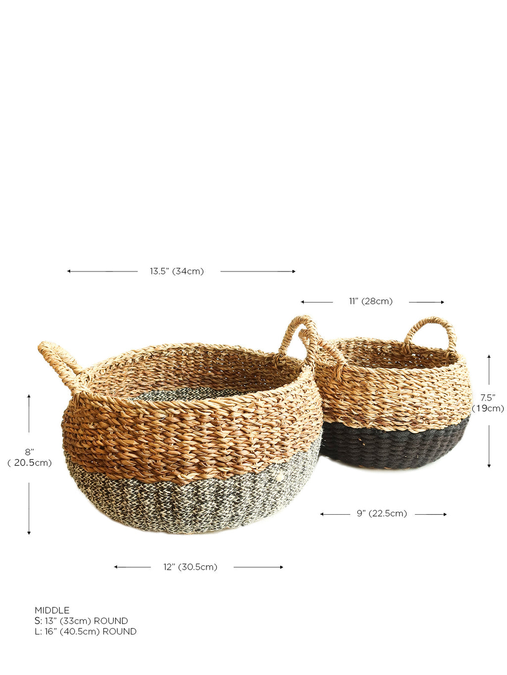 Ula Floor Basket set of two showing dimensions for each - calmly elevated