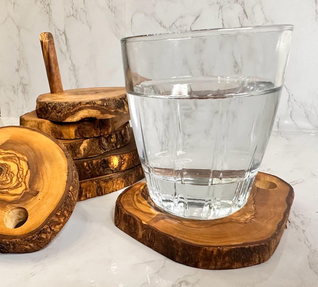 Olive Wood Coaster Set with Holder 7Pcs